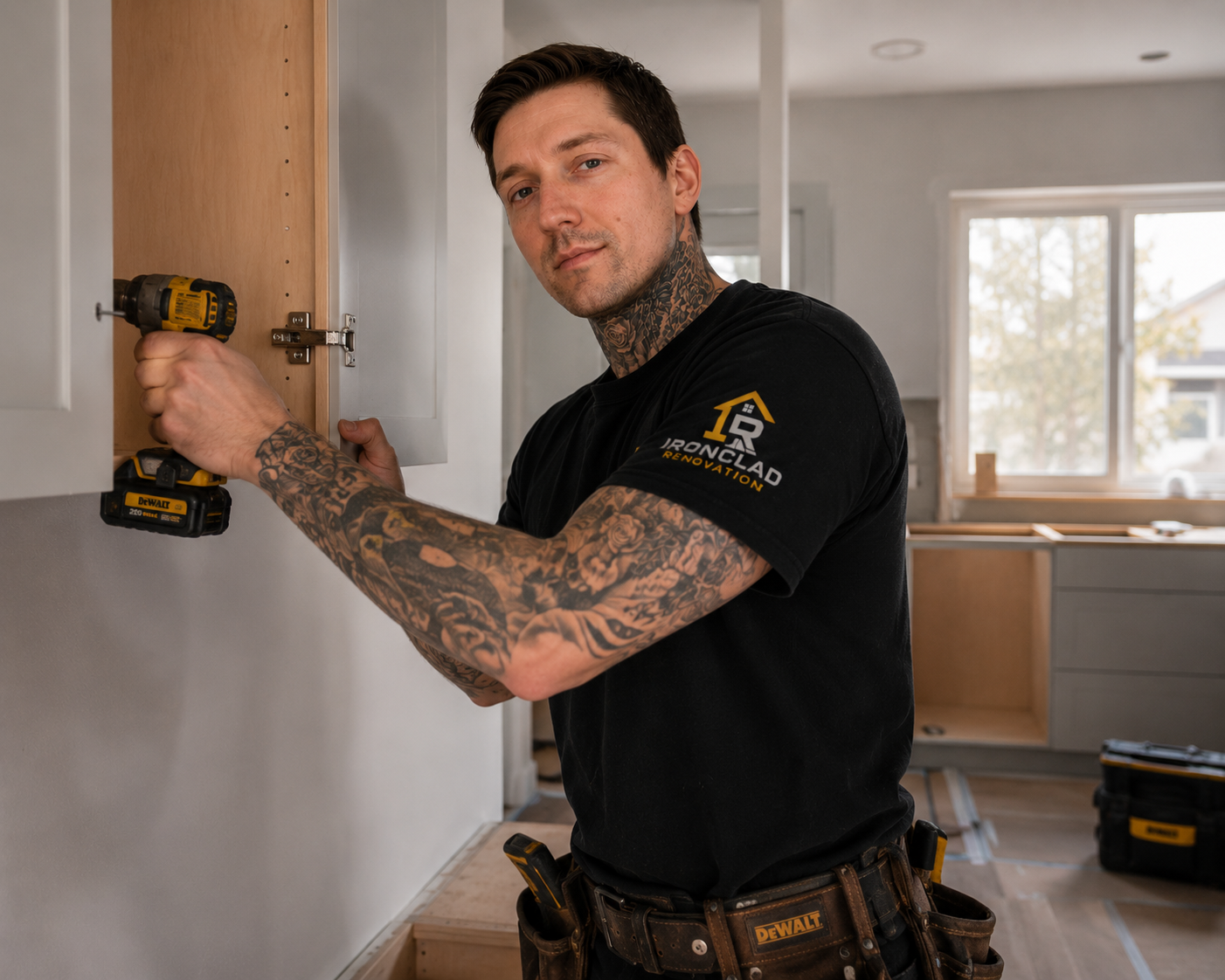 Ironclad Renovation craftsman installing kitchen cabinetry
